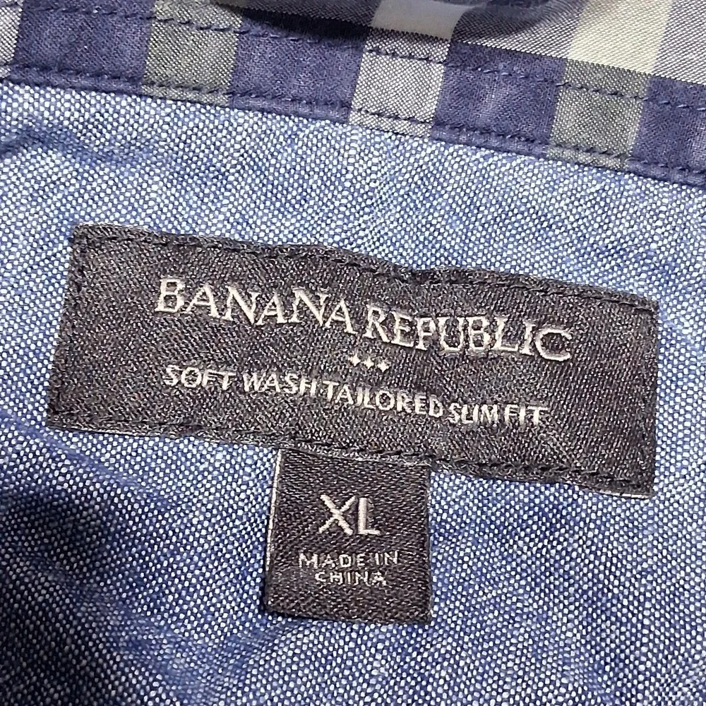 Banana Republic Shirt Mens XL Gray/Gree/Blu Plaid Long Sleeve Slim Fit Button Up